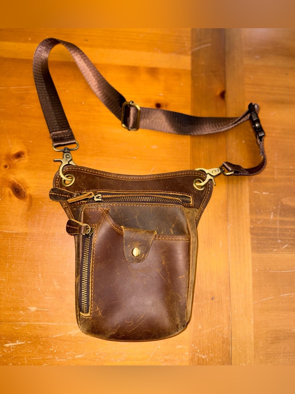 Vintage Leather Motorcycle Thigh Bag Tactical Waist Fanny Pack Brown Rugged